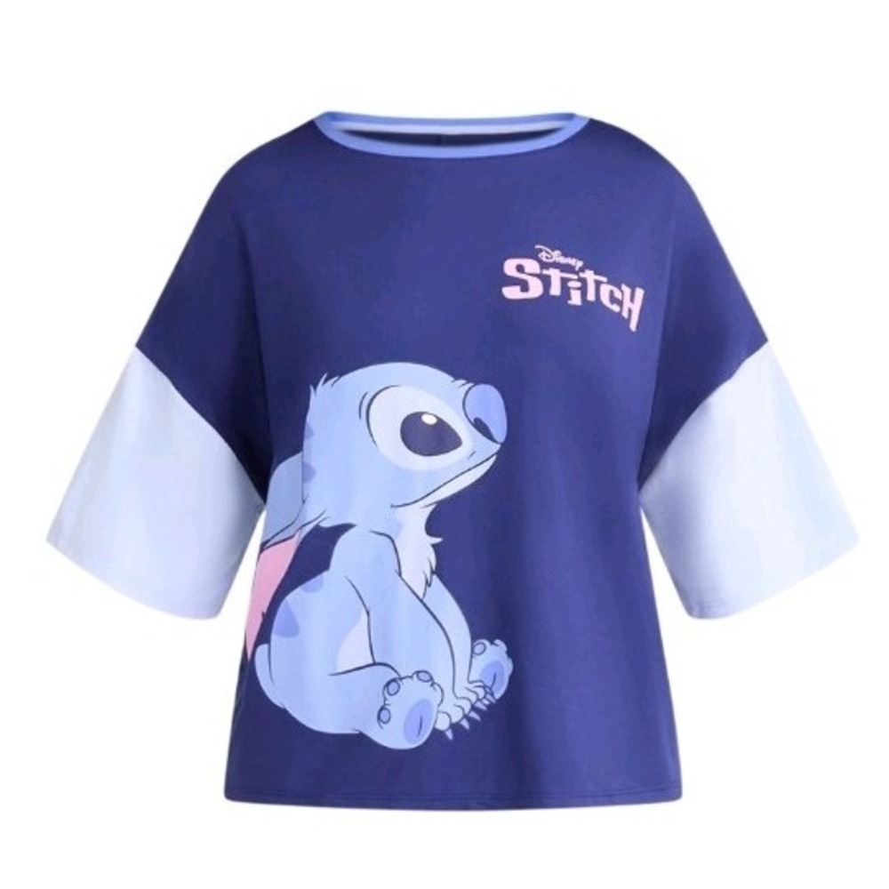 Disney Stitch Cropped Graphic Sleep Tee Women Large 12-14 Shirt Casual Sleepwear